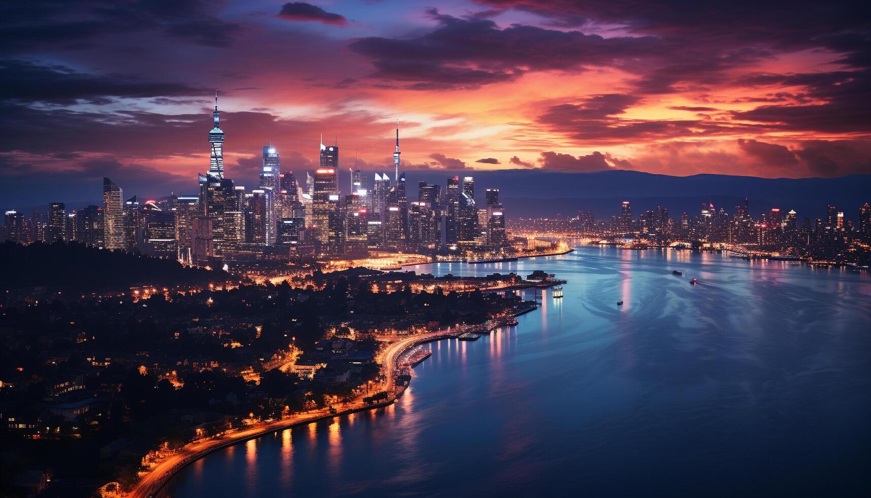 AI generated Cityscape illuminated by sunset, skyscrapers reflect on water generated by AI photo