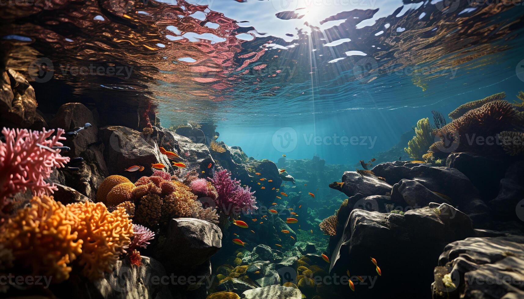 AI generated Underwater reef, fish swim below in tropical climate generated by AI photo