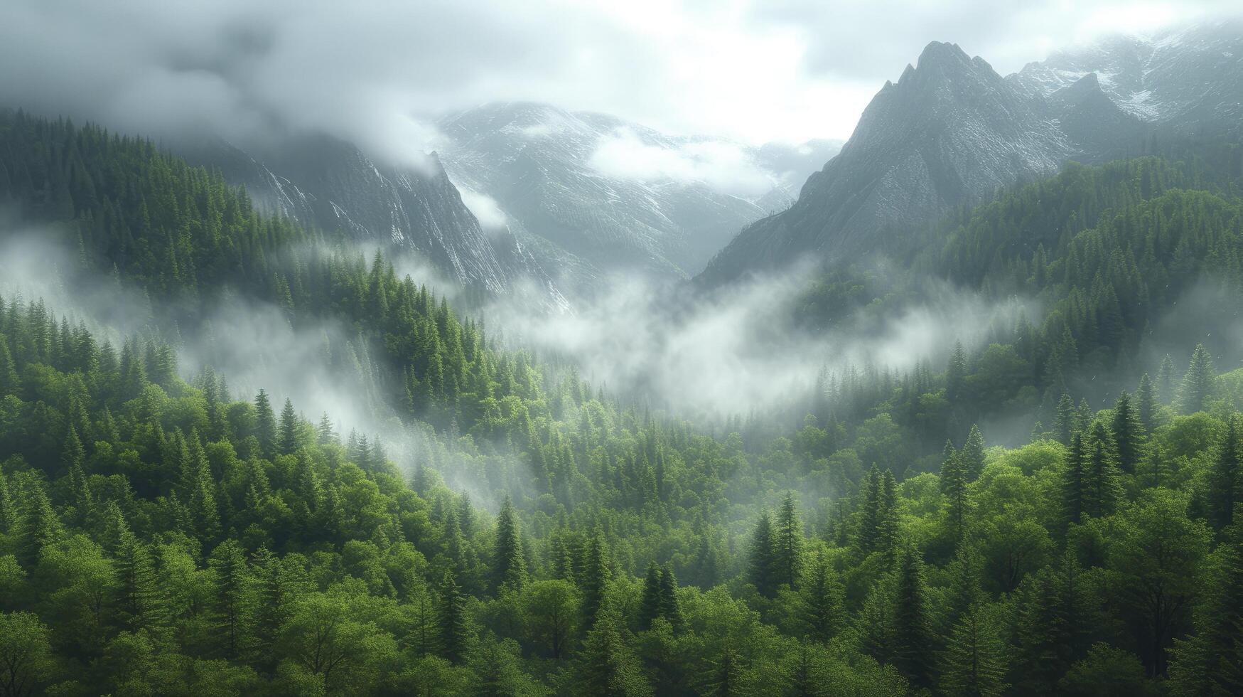 AI generated Cinematic Green Forest and Mountain Landscape, Enveloped in Dense Fog and Mist, Creating a Volumetric Atmospheric Scene photo