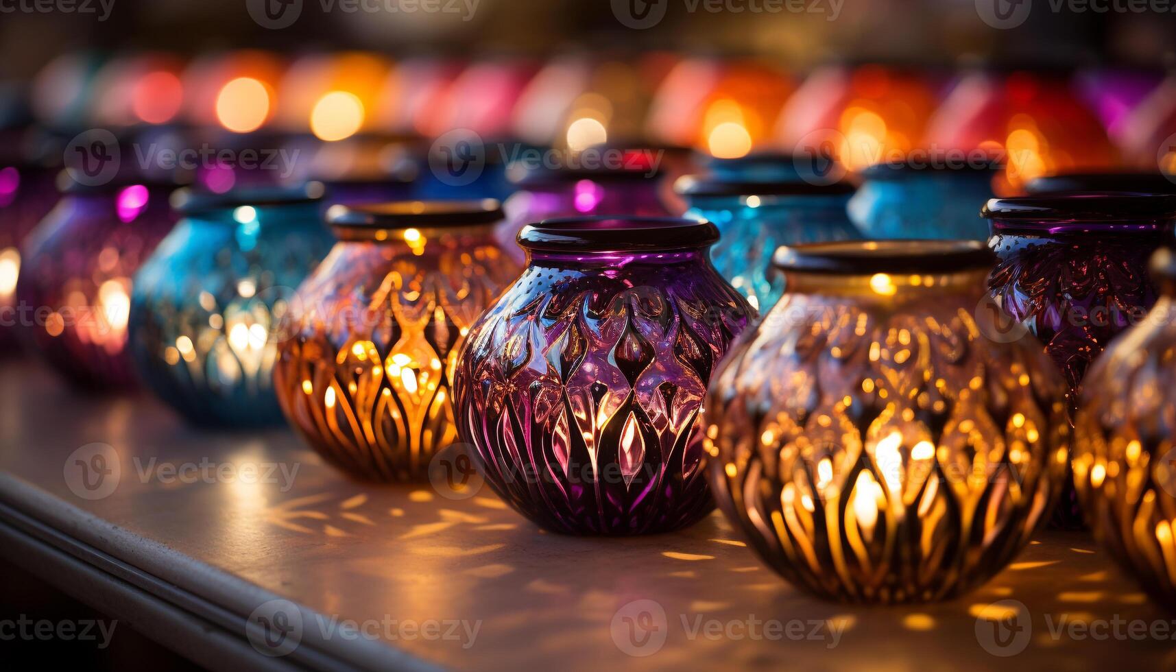 AI generated Multi colored pottery vase illuminated by candlelight generated by AI photo