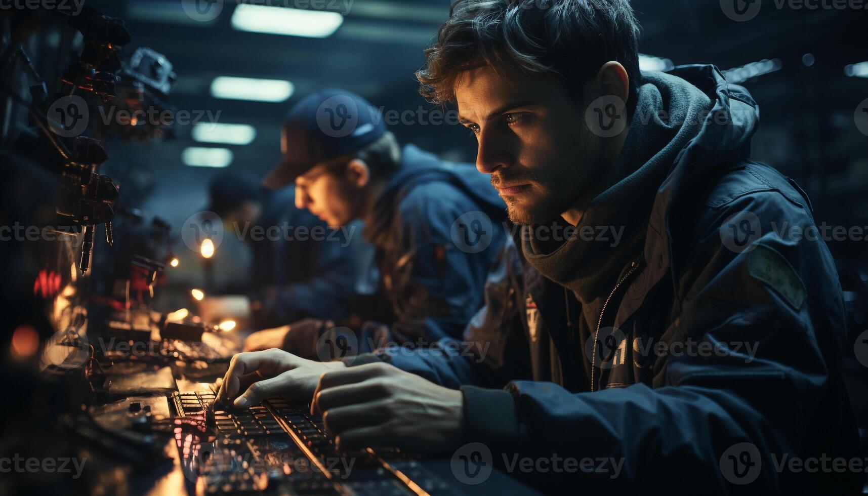 ai generado joven adulto machos trabajando en metal industria taller generado por ai foto