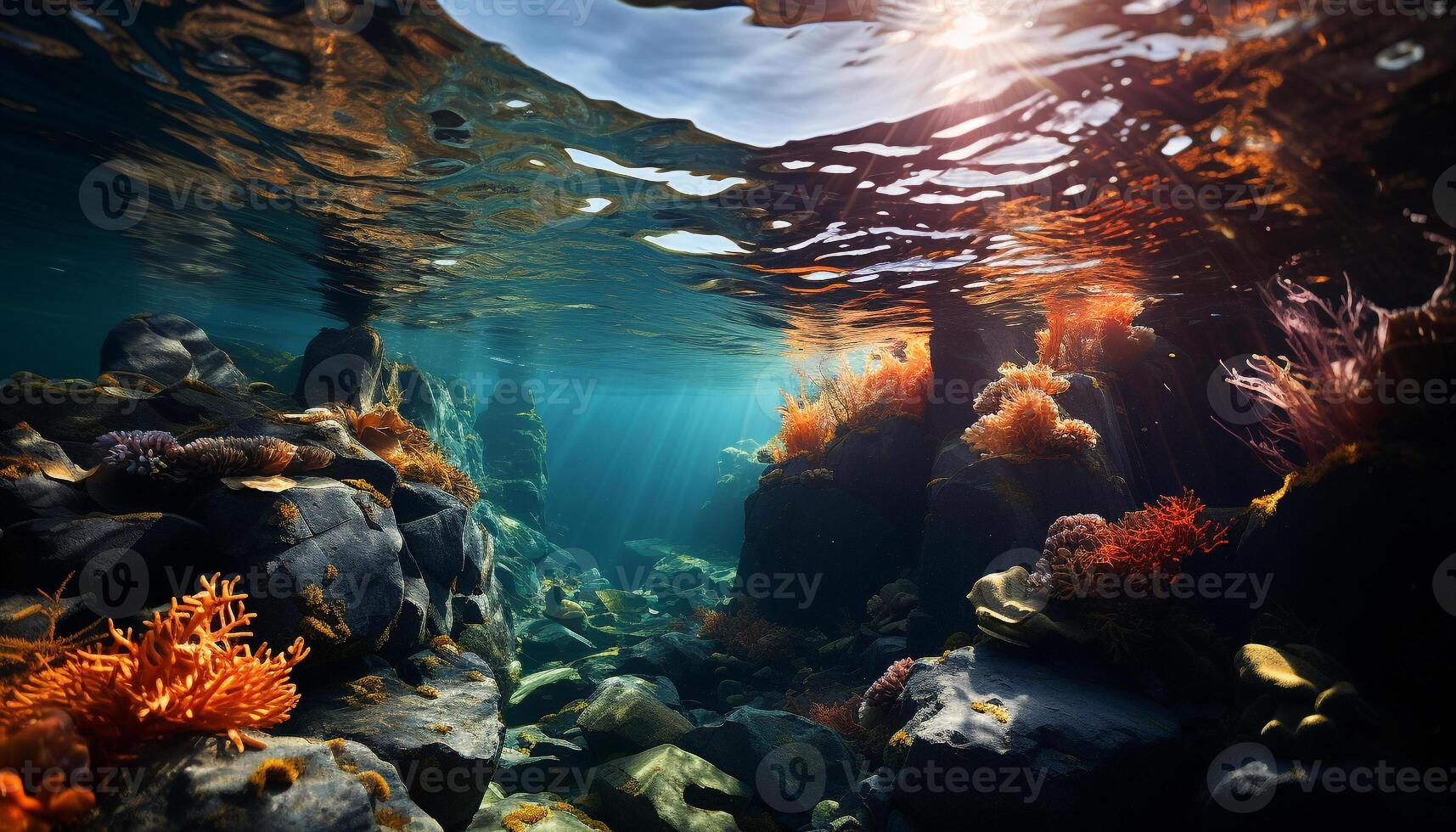 AI generated Underwater fish swim in the beautiful coral reef generated by AI photo