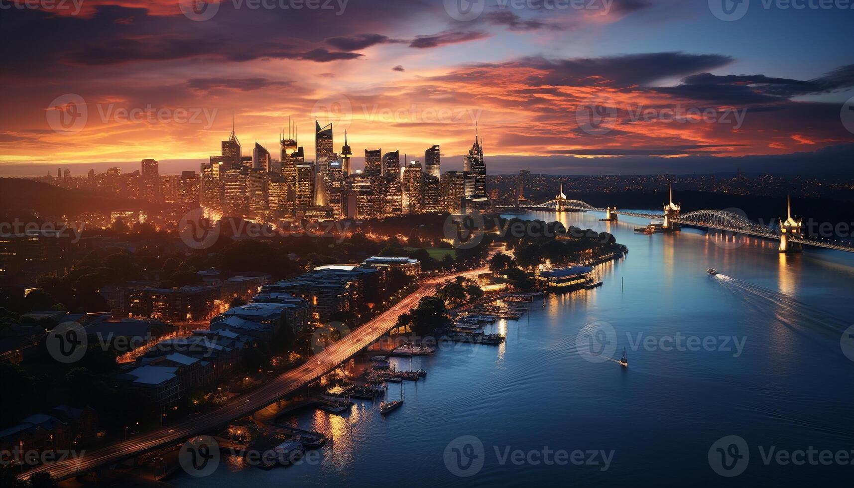 AI generated Cityscape at dusk, famous skyline reflects on water generated by AI photo