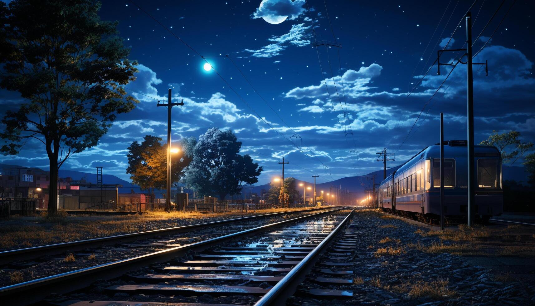AI generated Vanishing point illuminated by moonlight, transportation in twilight generated by AI photo