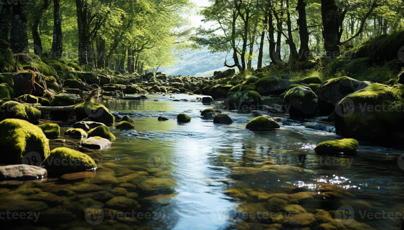 AI generated Tranquil scene of flowing water in a forest generated by AI photo