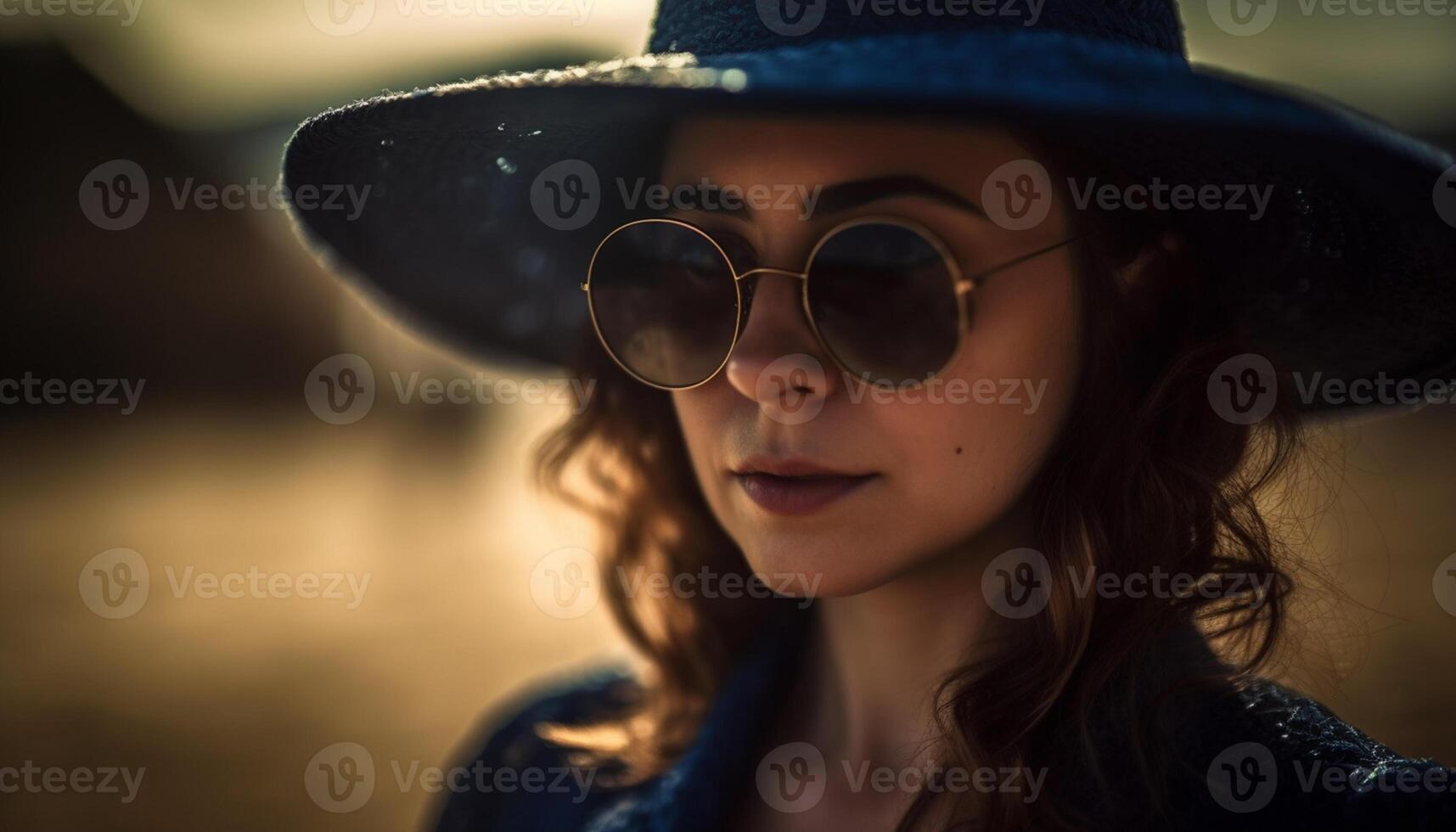 AI generated Young adult woman with sunglasses, looking outdoors, smiling with confidence generated by AI photo