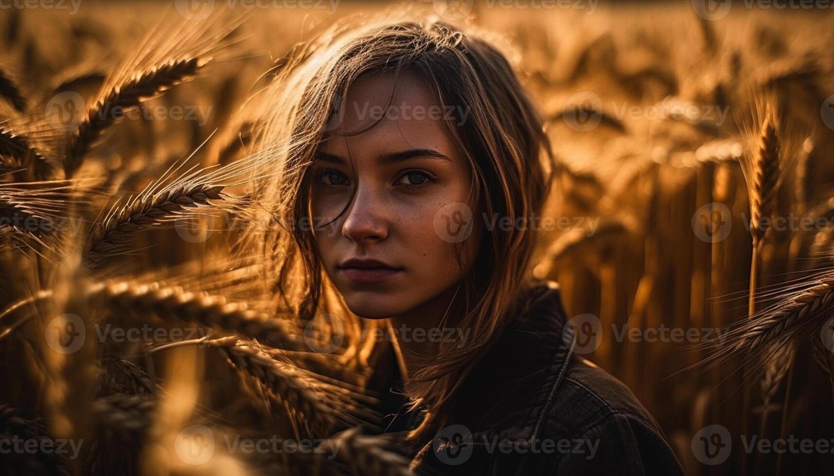 AI generated Young woman in rural scene, looking at camera, smiling in sunset generated by AI photo