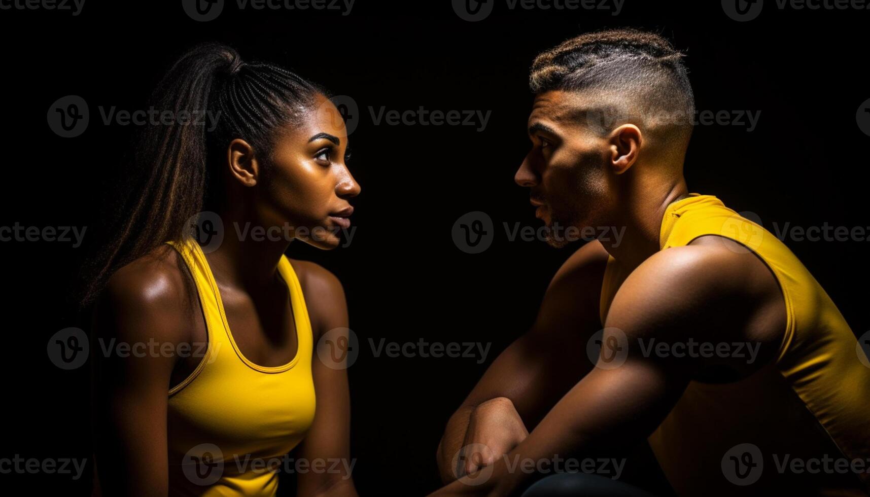 AI generated Young adults exercising in a black studio generated by AI photo