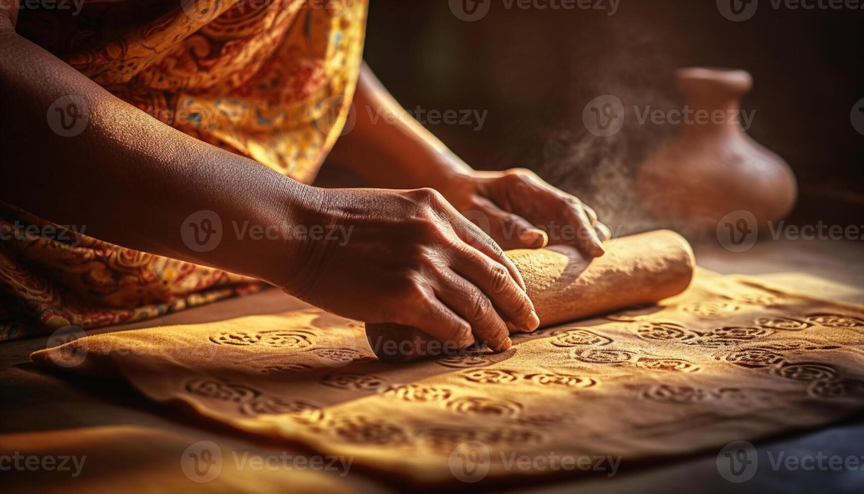 AI generated A woman hand kneading homemade dough in a rustic kitchen generated by AI photo