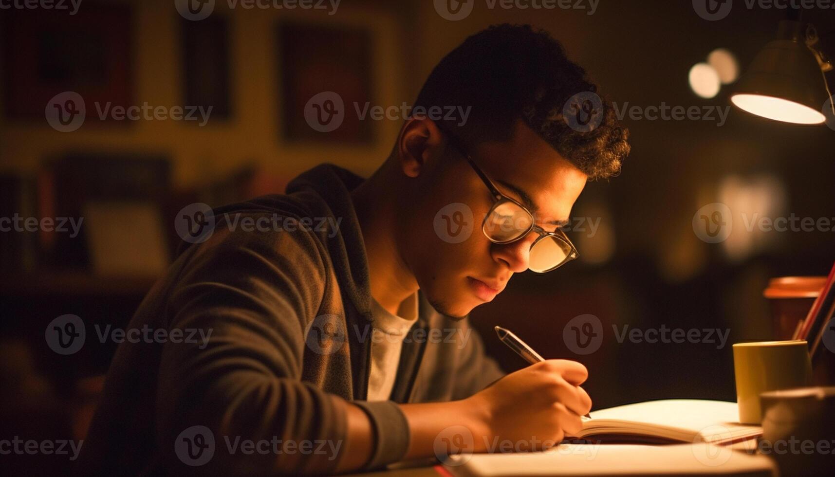 AI generated A young adult studying indoors, sitting at a desk, reading generated by AI photo