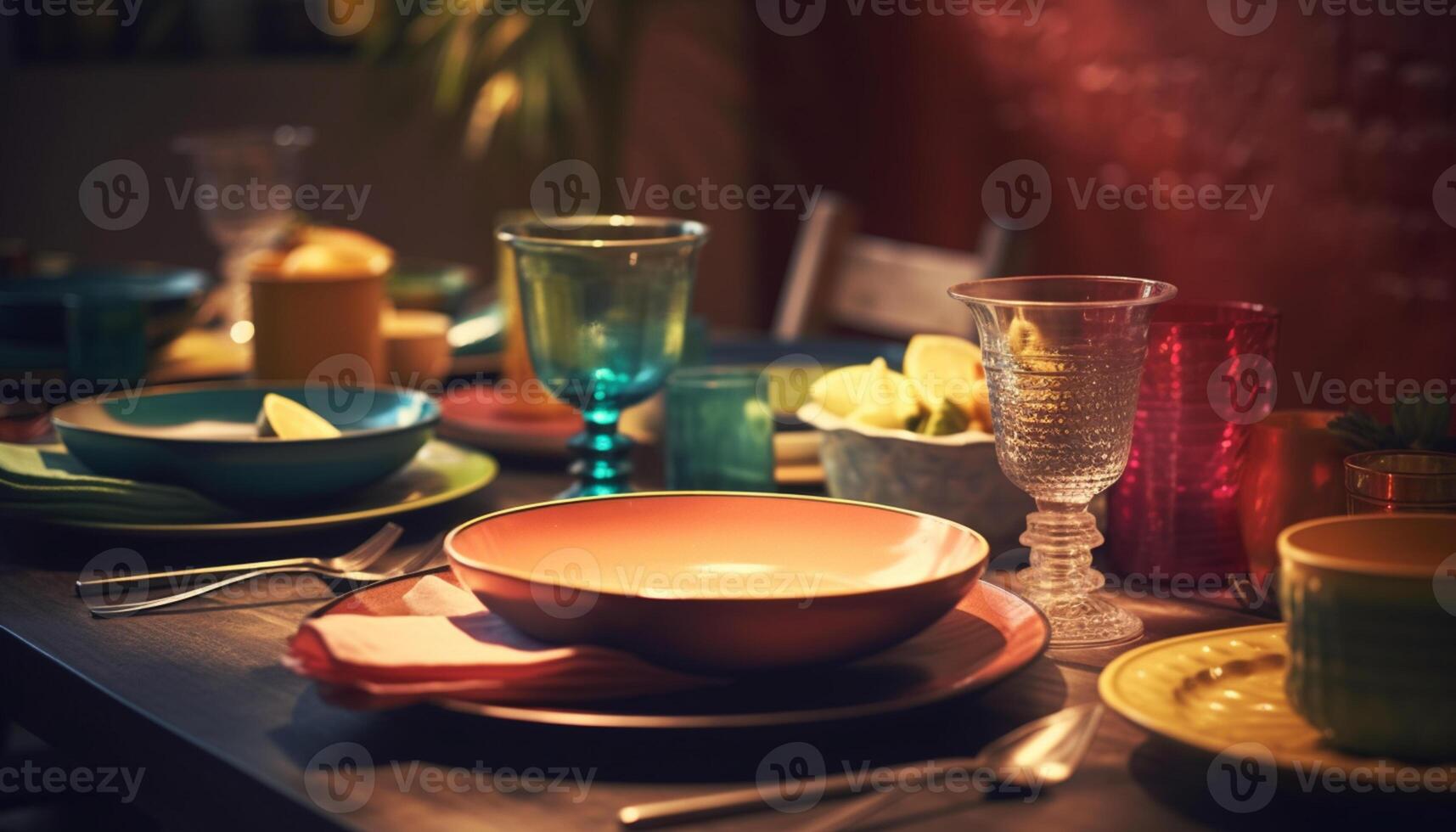AI generated Wooden table with crockery, food, and drink in a cozy kitchen generated by AI photo