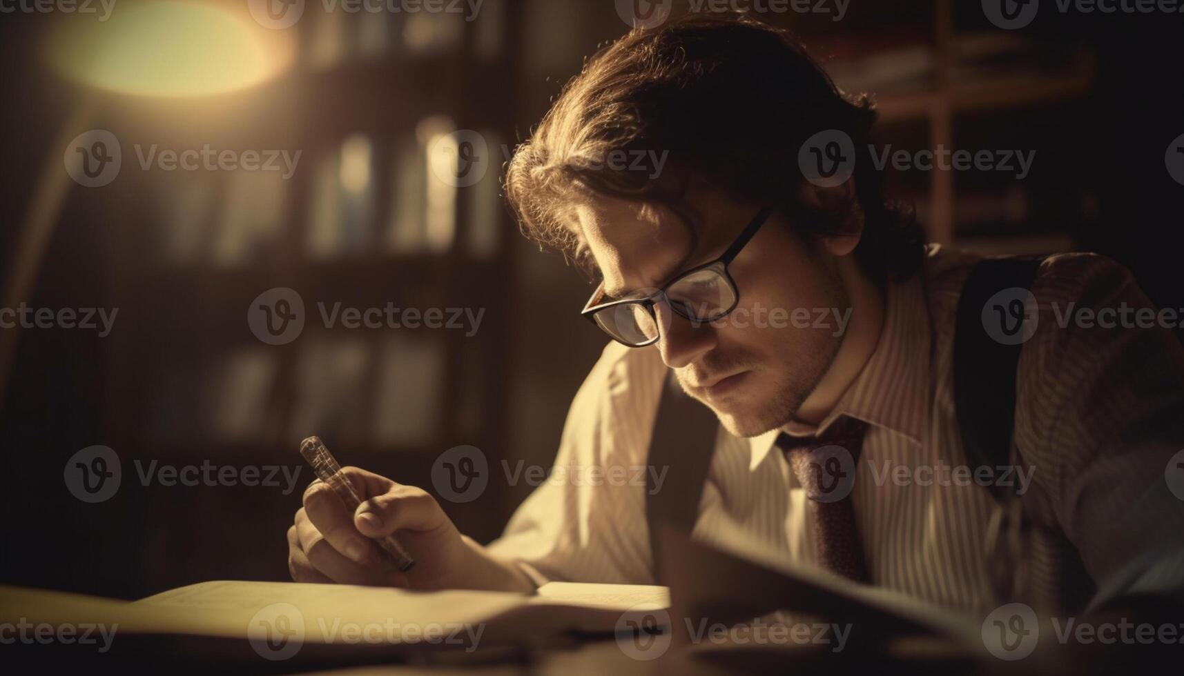 AI generated Serious businessman reading, studying, concentrating indoors at office desk generated by AI photo