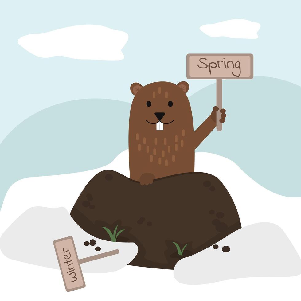 Groundhog Day illustration. Card with marmot peeks out of a hole and holding a sign with the inscription spring and another such winter one lying around vector