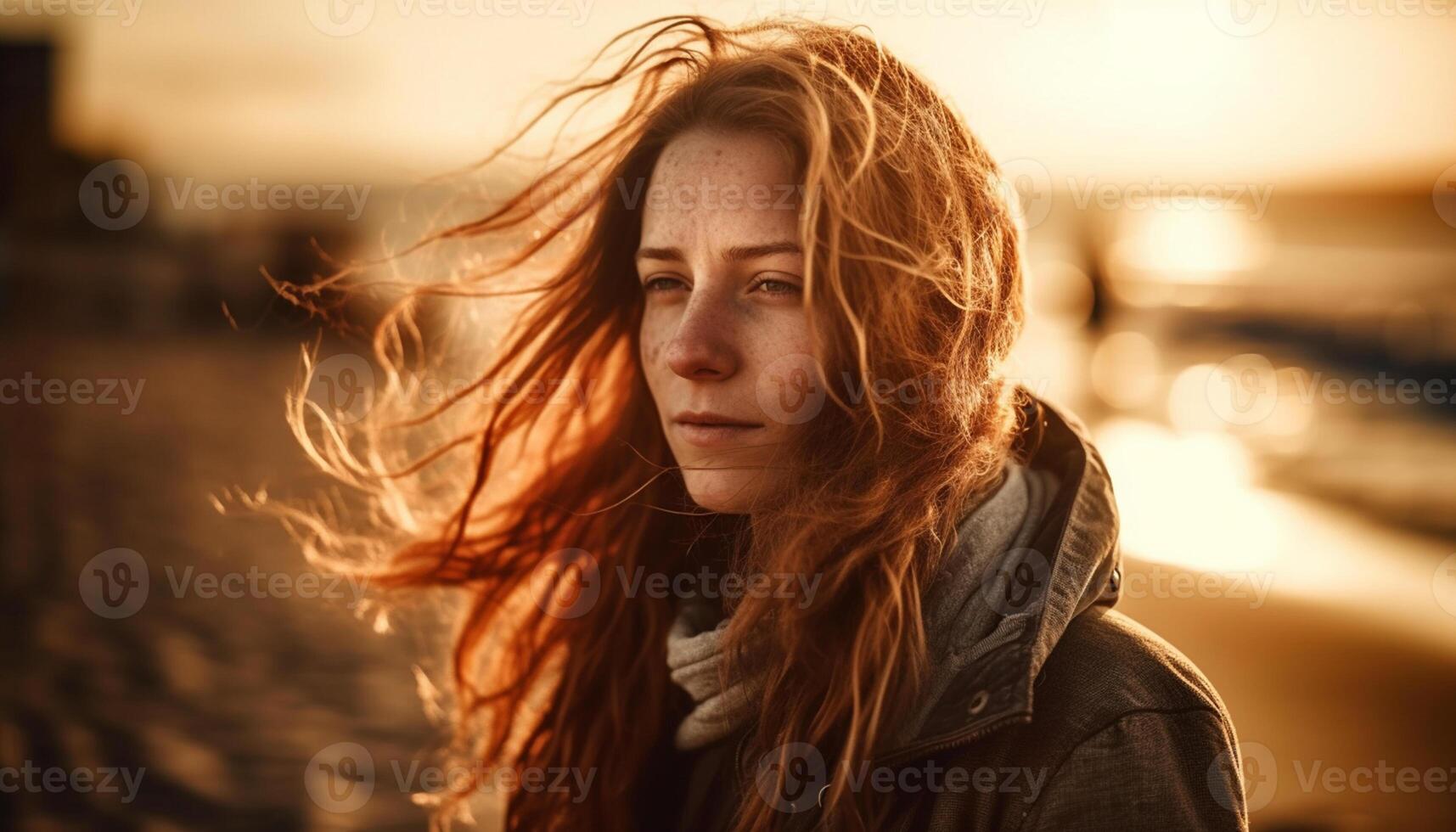 AI generated A beautiful young woman smiles, enjoying the sunset in nature generated by AI photo