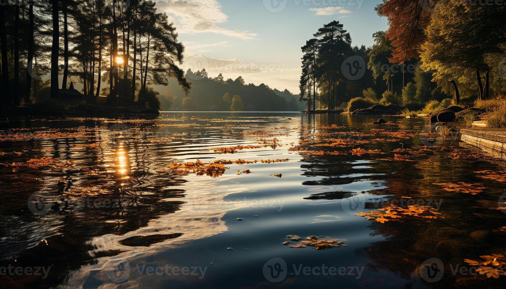 AI generated Tranquil scene of autumn forest reflects in pond generated by AI photo