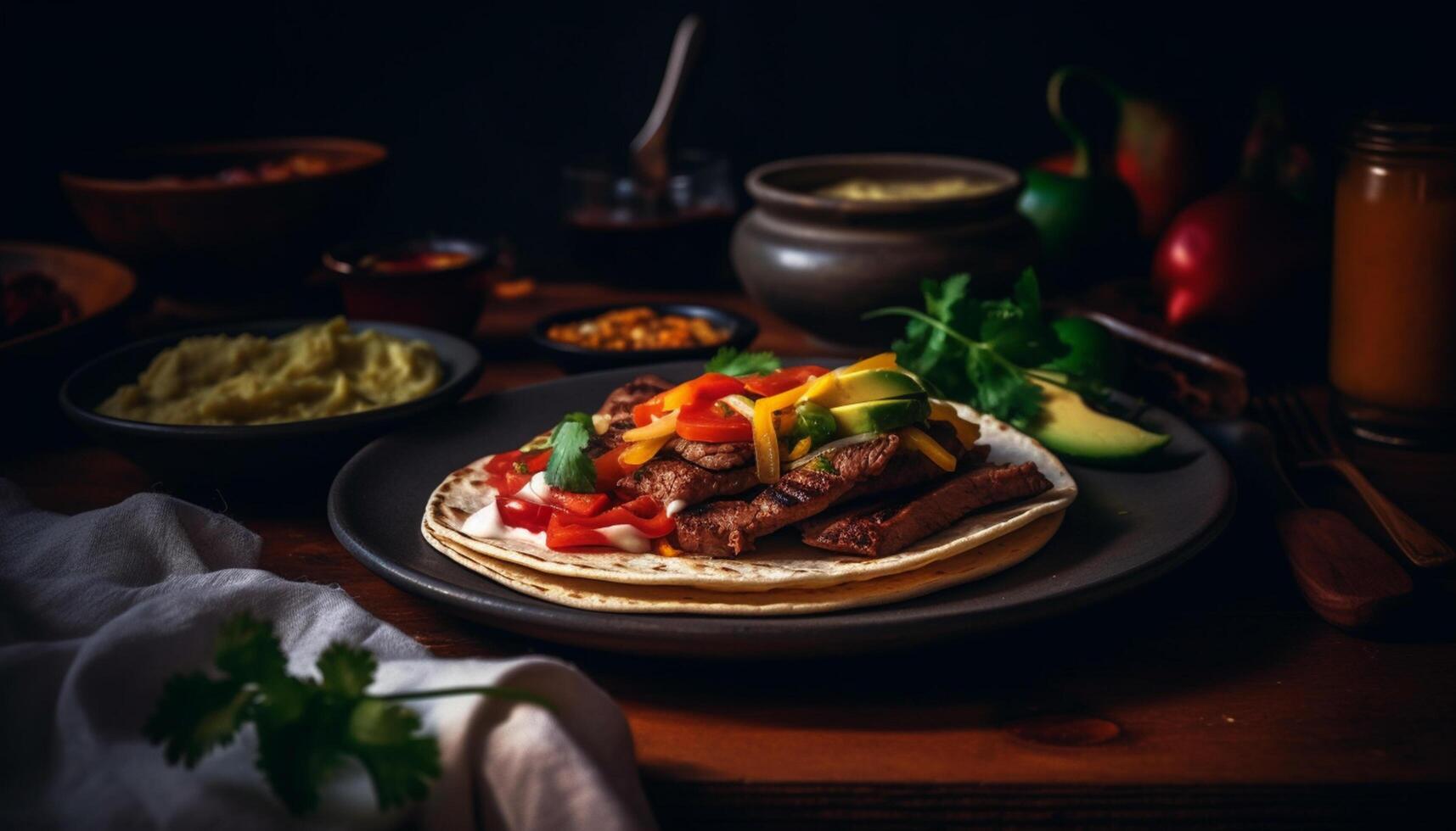 AI generated Freshness and homemade meat cooked on a wooden plate generated by AI photo