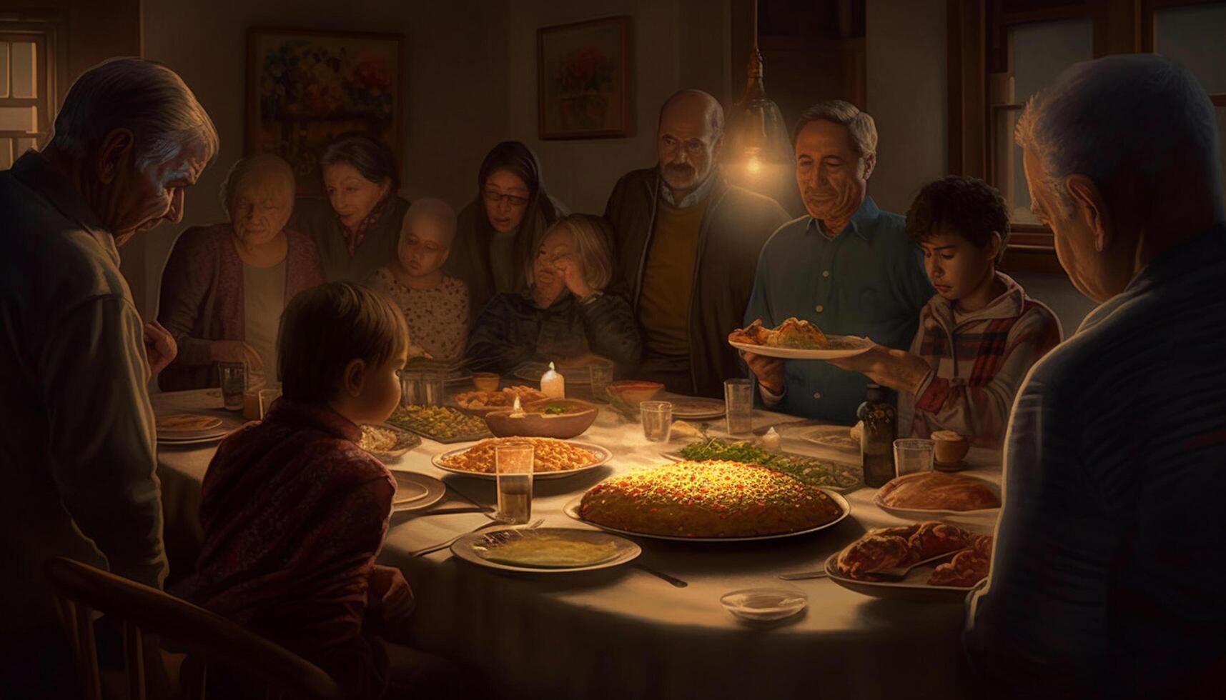 AI generated A joyful family gathering around the table, enjoying a meal generated by AI photo