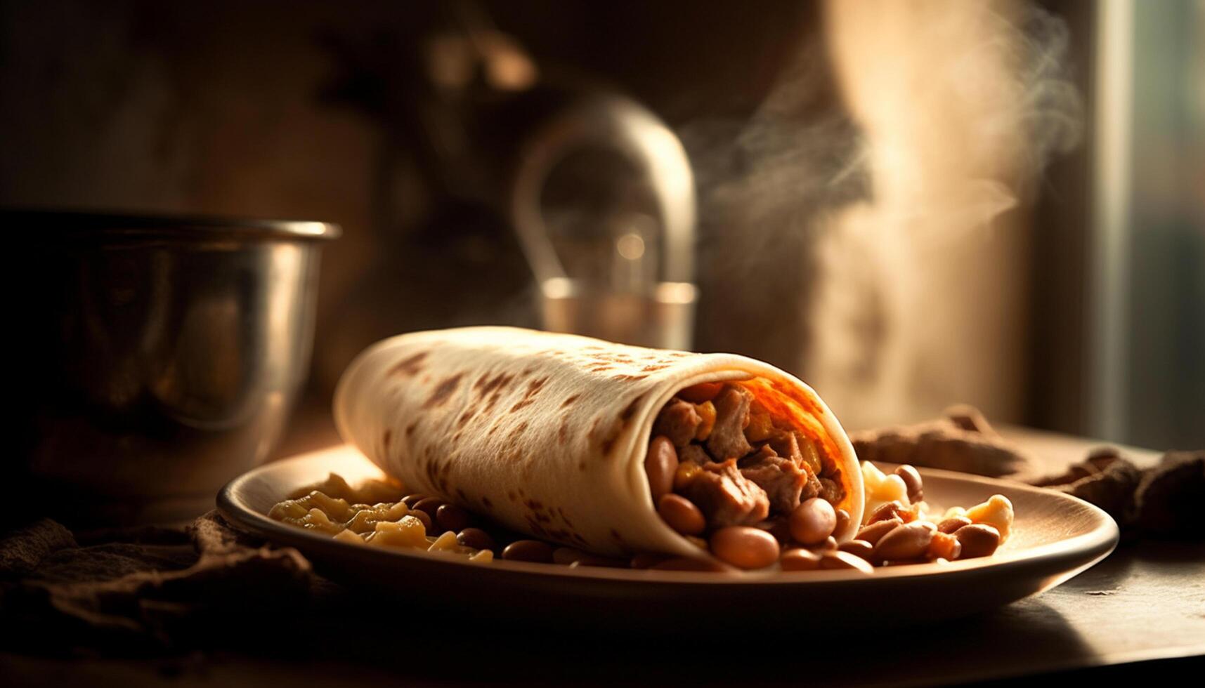 AI generated Freshly grilled beef taco on a wooden table, ready to eat homemade meal generated by AI photo