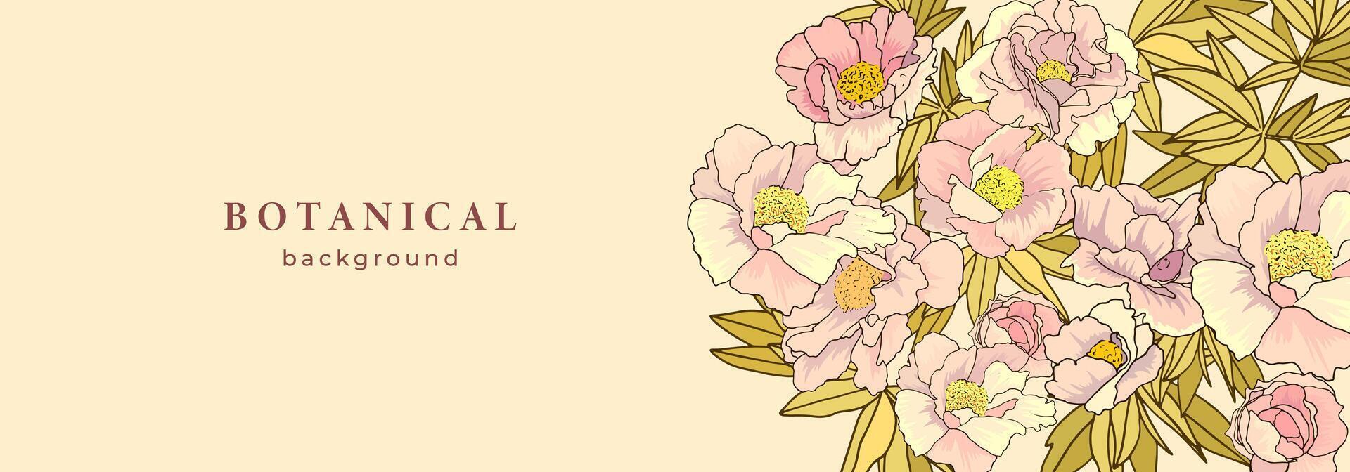 Victorian style vintage botanical background for banner. Template with rose flower, floral pattern. Blooming peony. Spring design with flowering peony tree vector