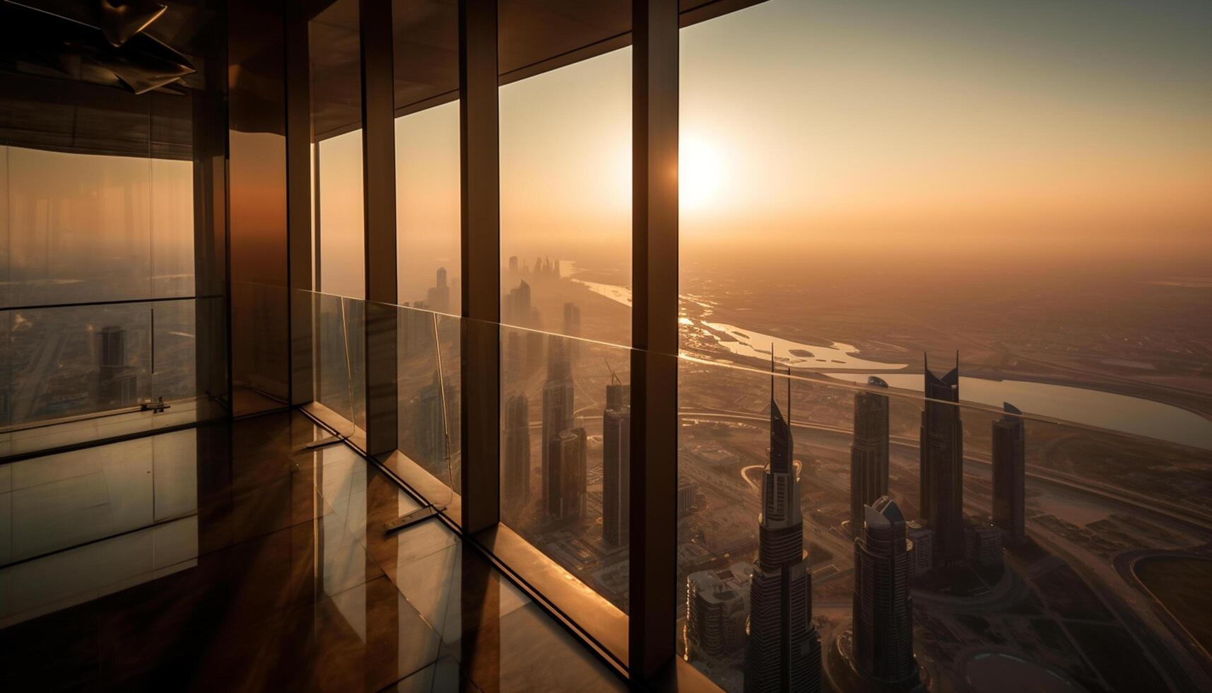 AI generated Modern cityscape at dusk, skyscrapers reflecting sunset in glass windows generated by AI photo