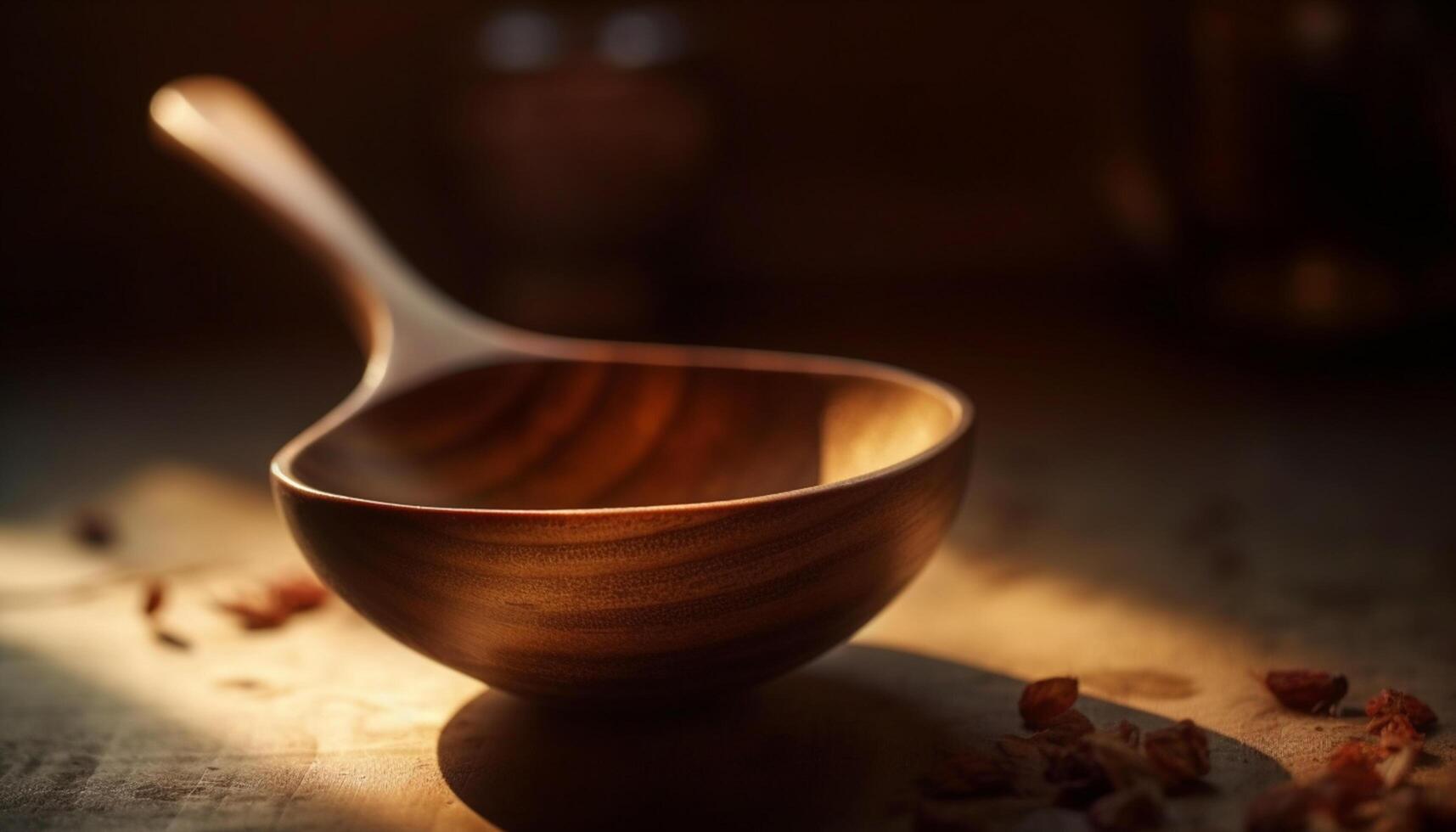 AI generated Wooden spoon on rustic table, a simple and organic still life generated by AI photo