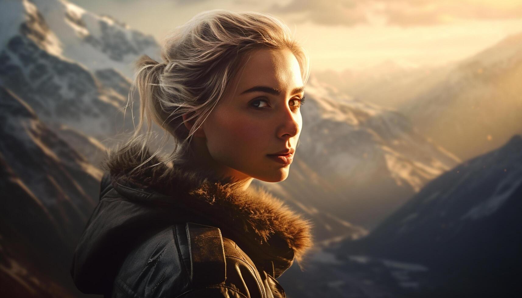 AI generated One young woman hiking in the mountains, enjoying the sunset generated by AI photo