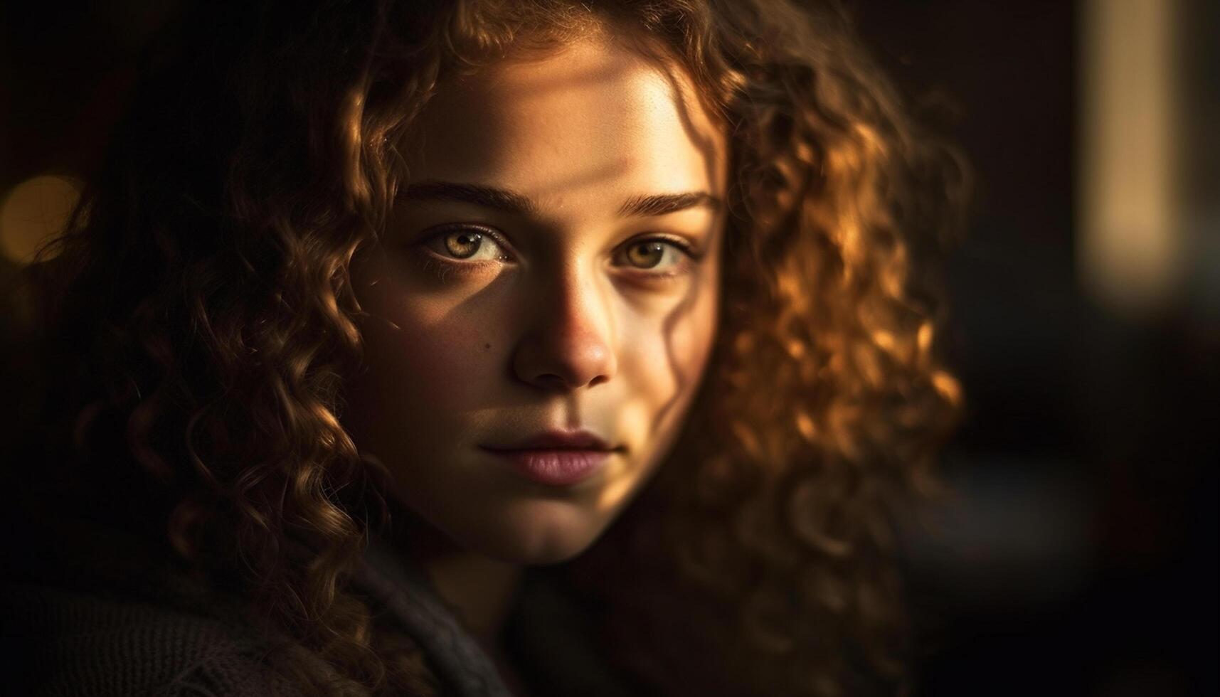 AI generated A beautiful young woman with curly brown hair, looking confidently at the camera generated by AI photo