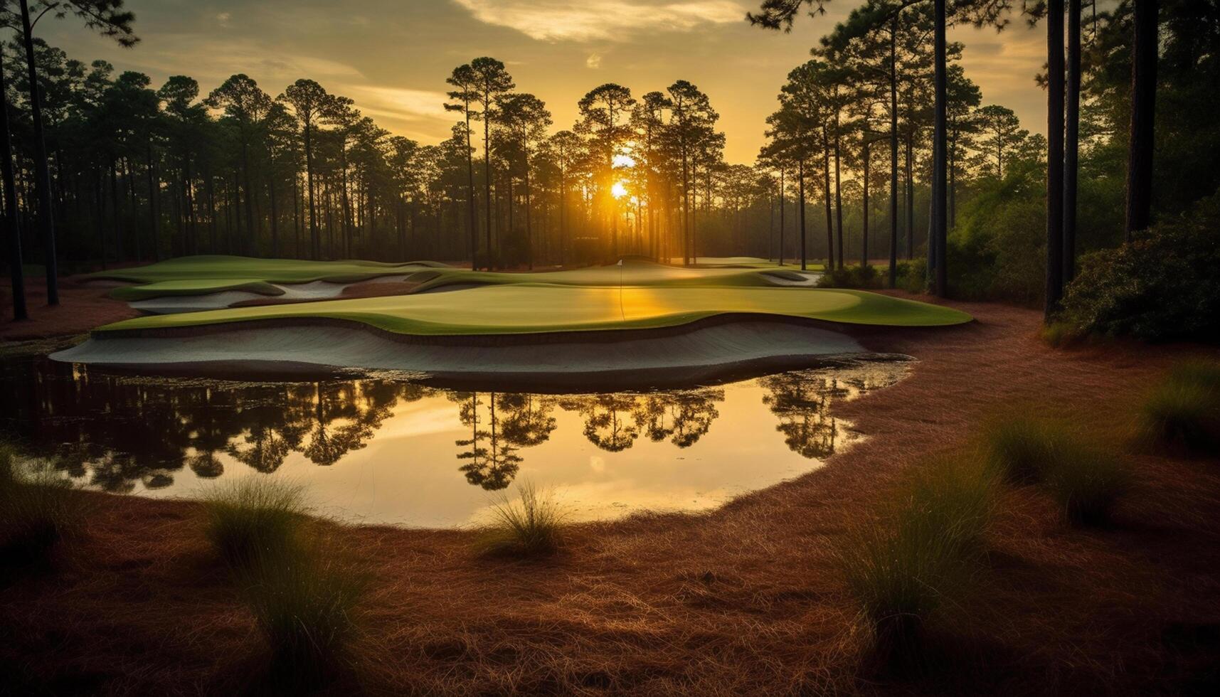 ai generado golf curso a atardecer, tranquilo escena, belleza en naturaleza generado por ai foto