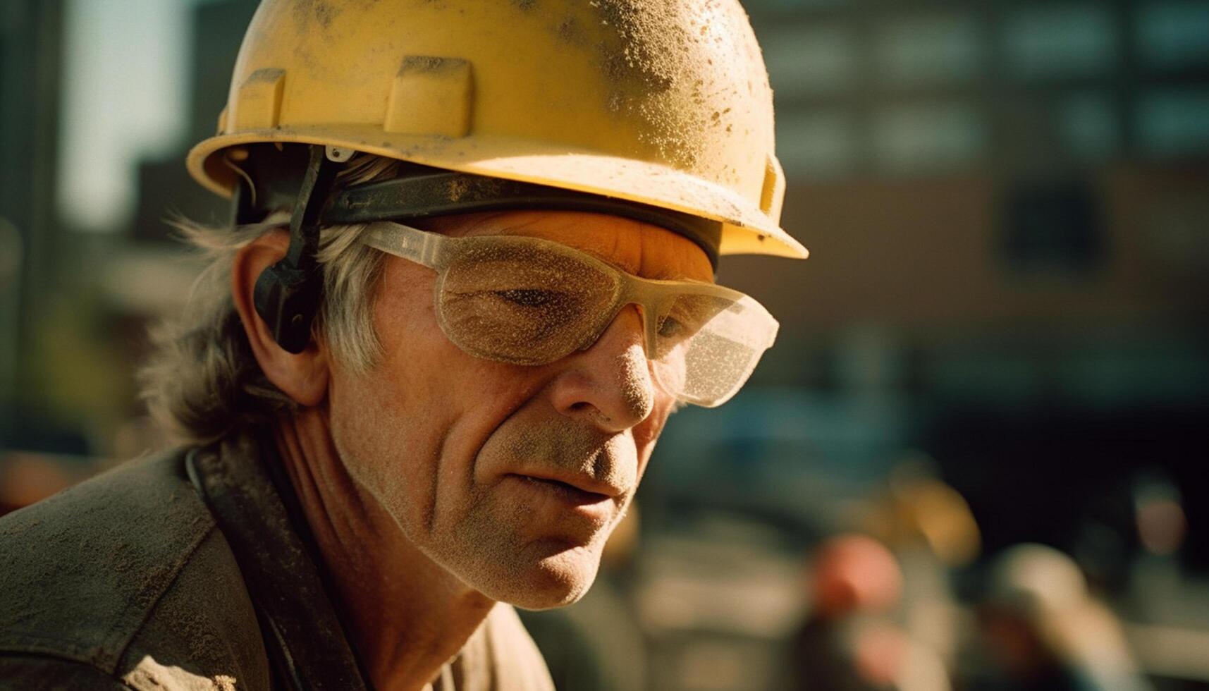 AI generated A mature construction worker in a hardhat at a construction site generated by AI photo