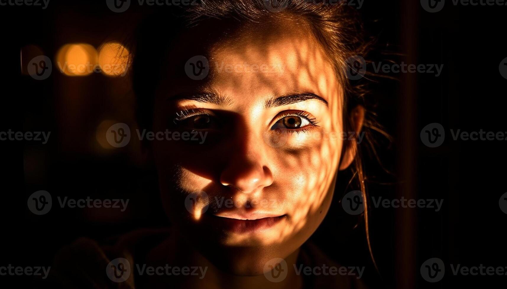 ai generado uno hermosa mujer, con oscuro cabello, sonriente y mirando a cámara generado por ai foto