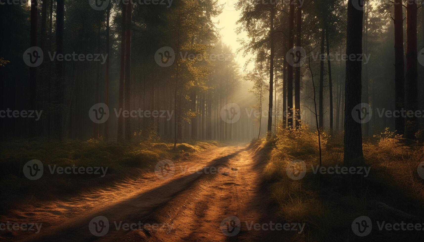 AI generated Mysterious autumn forest, foggy path, sunlight reveals nature tranquil beauty generated by AI photo