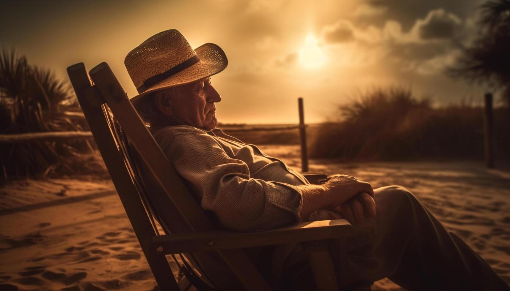 AI generated A man sitting on a chair, enjoying the sunset outdoors generated by AI photo