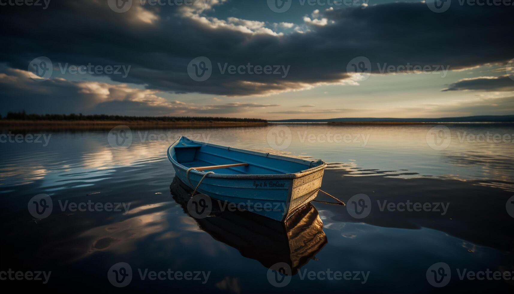 AI generated Tranquil scene of a fishing boat on a calm pond generated by AI photo