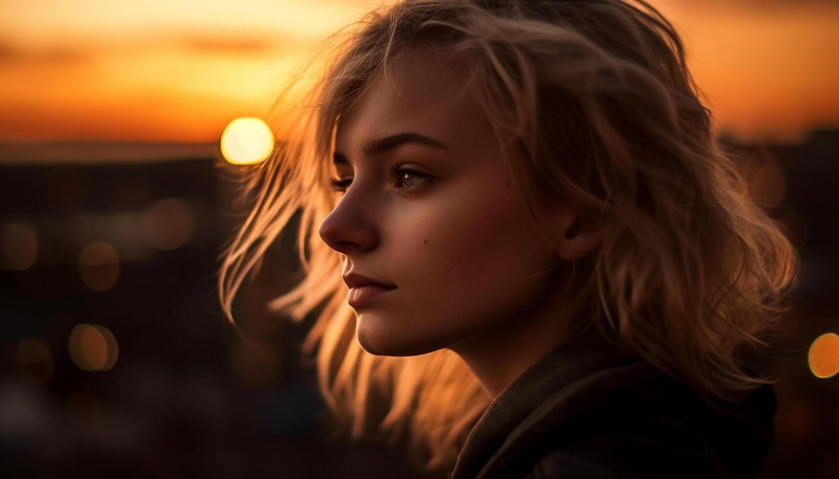 AI generated Young woman, caucasian, beauty in nature, sunset, looking at camera generated by AI photo