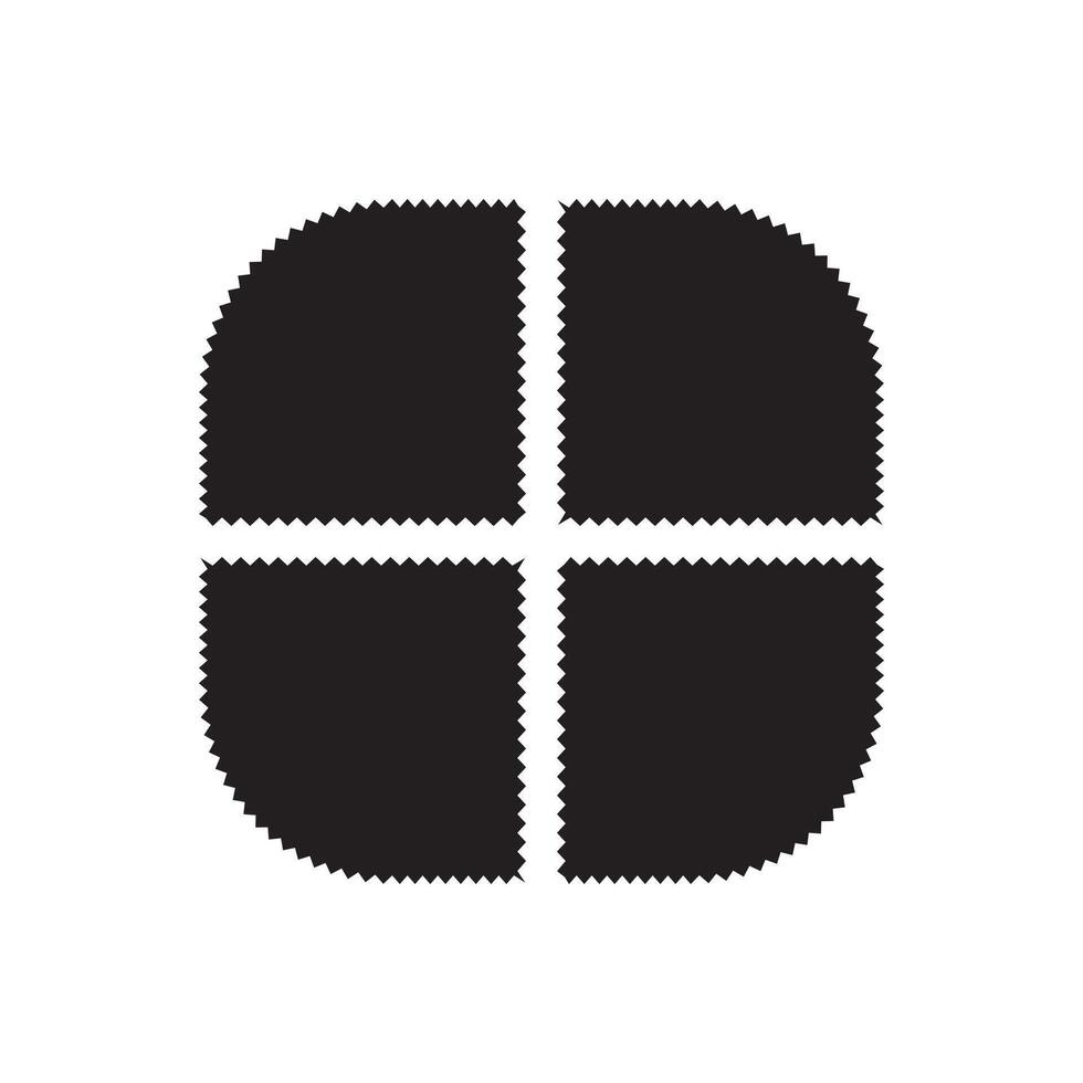 Zigzag edge quartered circle icons. quadrant shapes with set of 4 black jagged edges. Isolated on a white background. vector