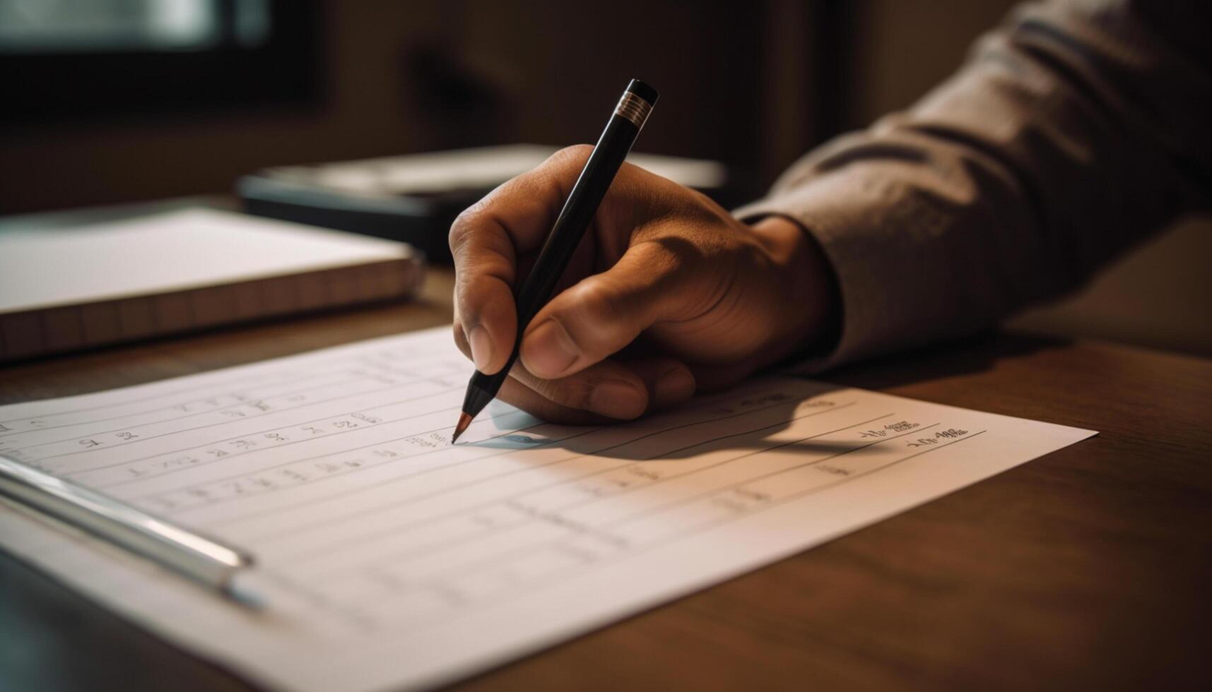 AI generated A businessman sitting at a desk, planning with pen and paper generated by AI photo