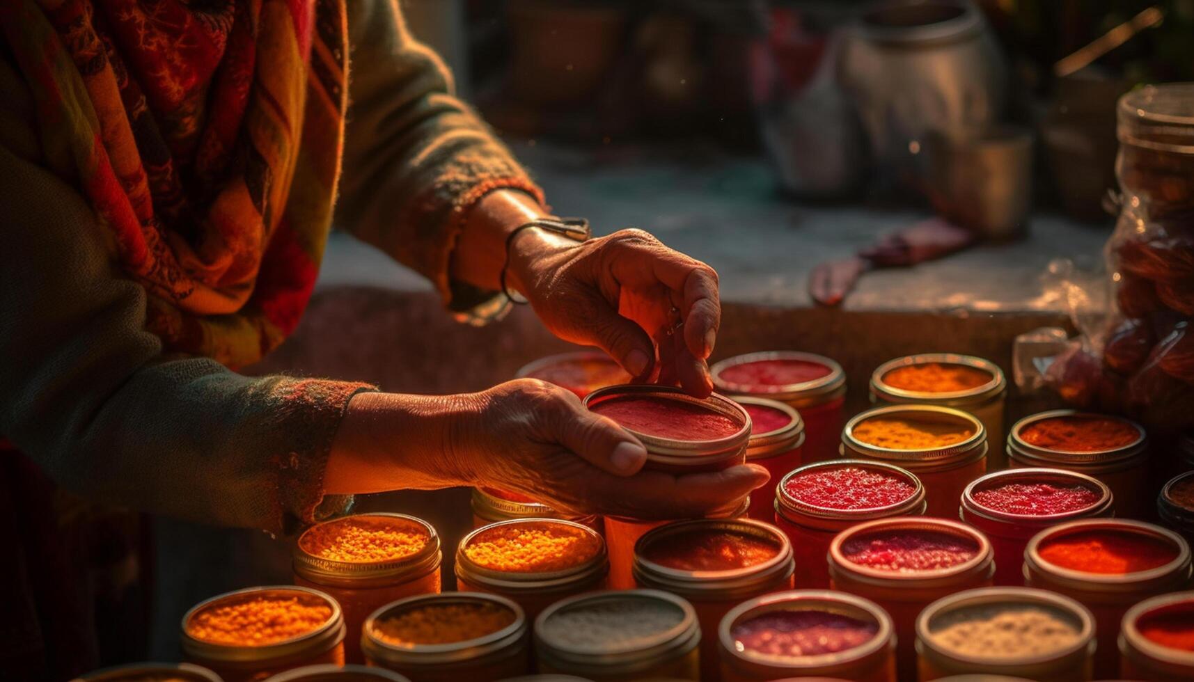 AI generated Indian men working in a pottery workshop, crafting vibrant clay jars generated by AI photo