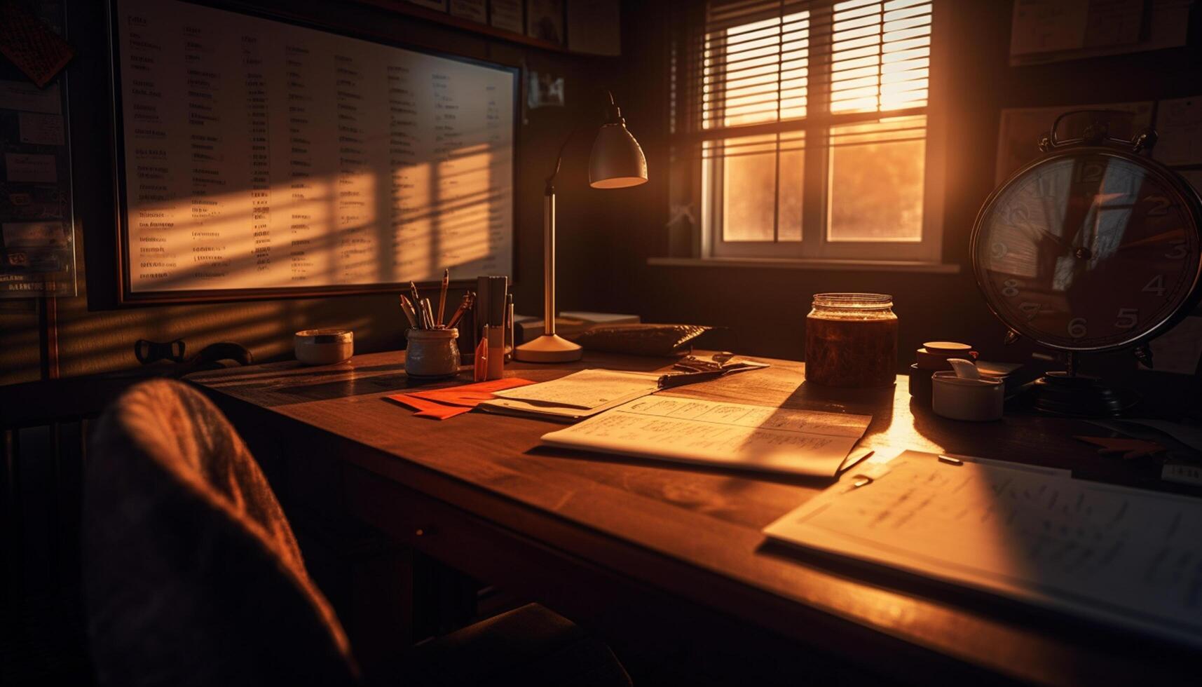 AI generated Wooden desk by window, old book generated by AI photo