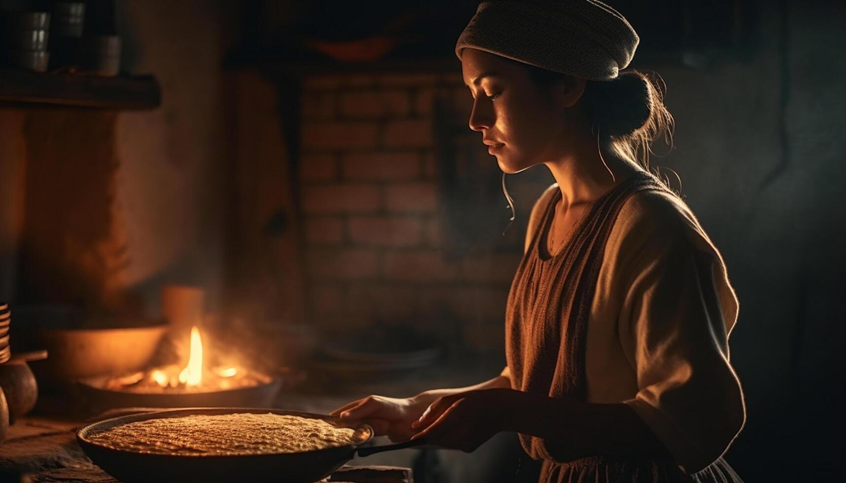 AI generated Young woman cooking in a dark kitchen, preparing food with concentration generated by AI photo