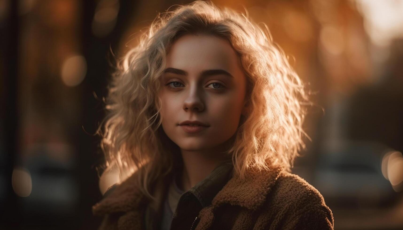 AI generated Young woman with brown hair, looking at camera, smiling outdoors generated by AI photo