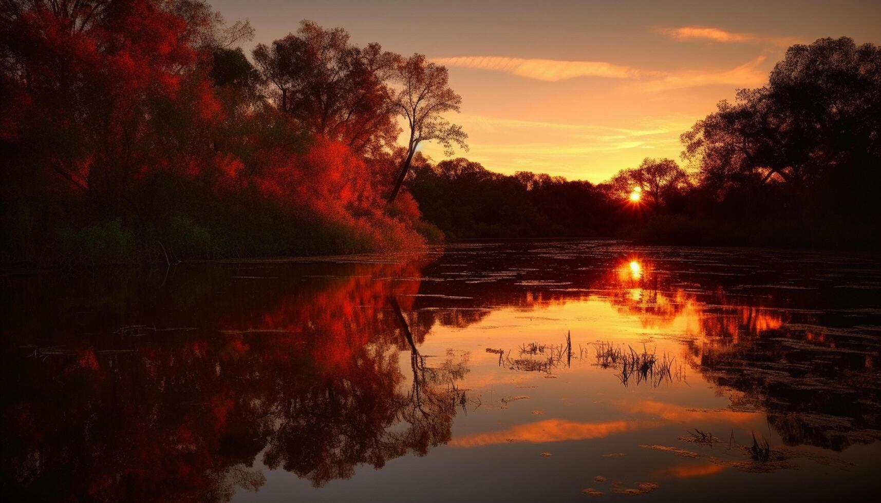 AI generated Nature sunset reflection paints a tranquil landscape of autumn beauty generated by AI photo