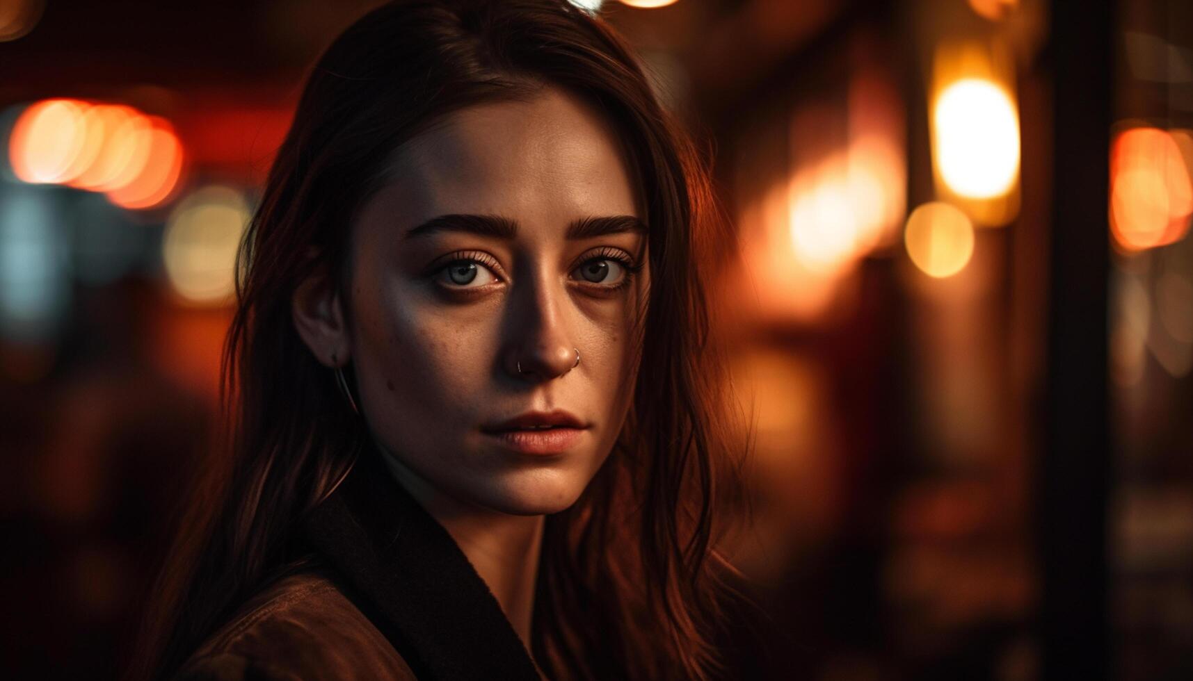 AI generated Young woman, confident and beautiful, standing outdoors at night generated by AI photo