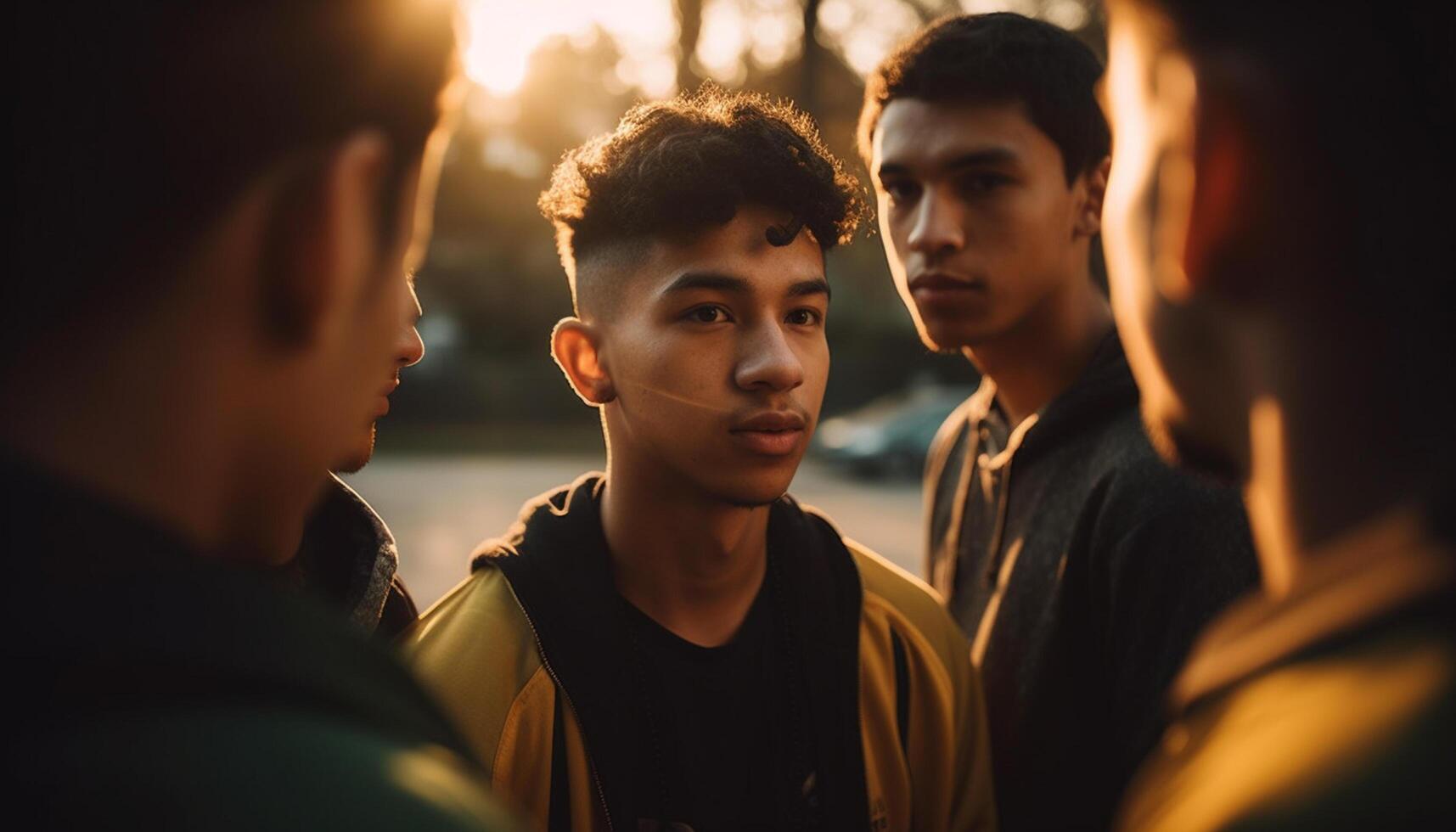 AI generated A diverse group of friends enjoying a sunset in the city generated by AI photo