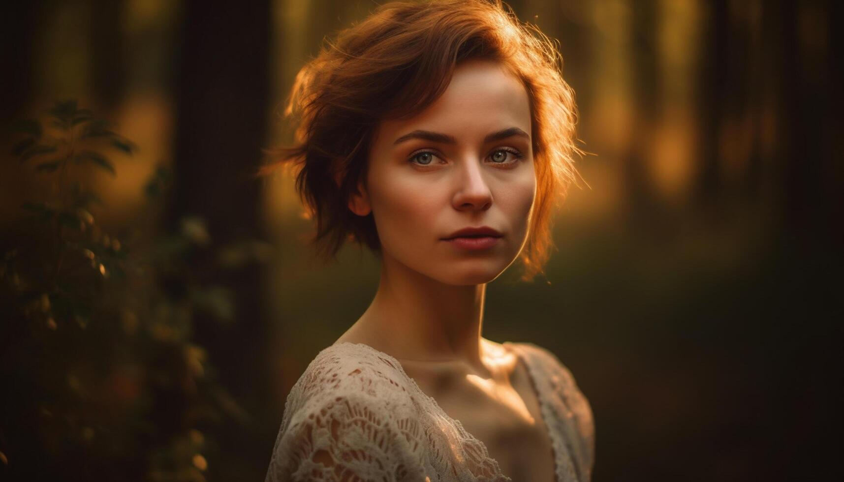 AI generated Young woman in nature, looking at camera, exuding beauty and elegance generated by AI photo
