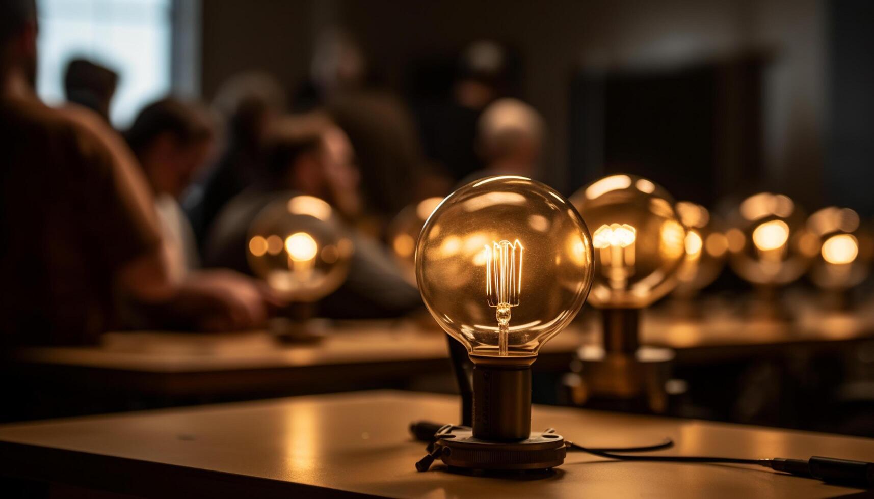 AI generated Men and women sitting at table, drinking, illuminated by lamp generated by AI photo