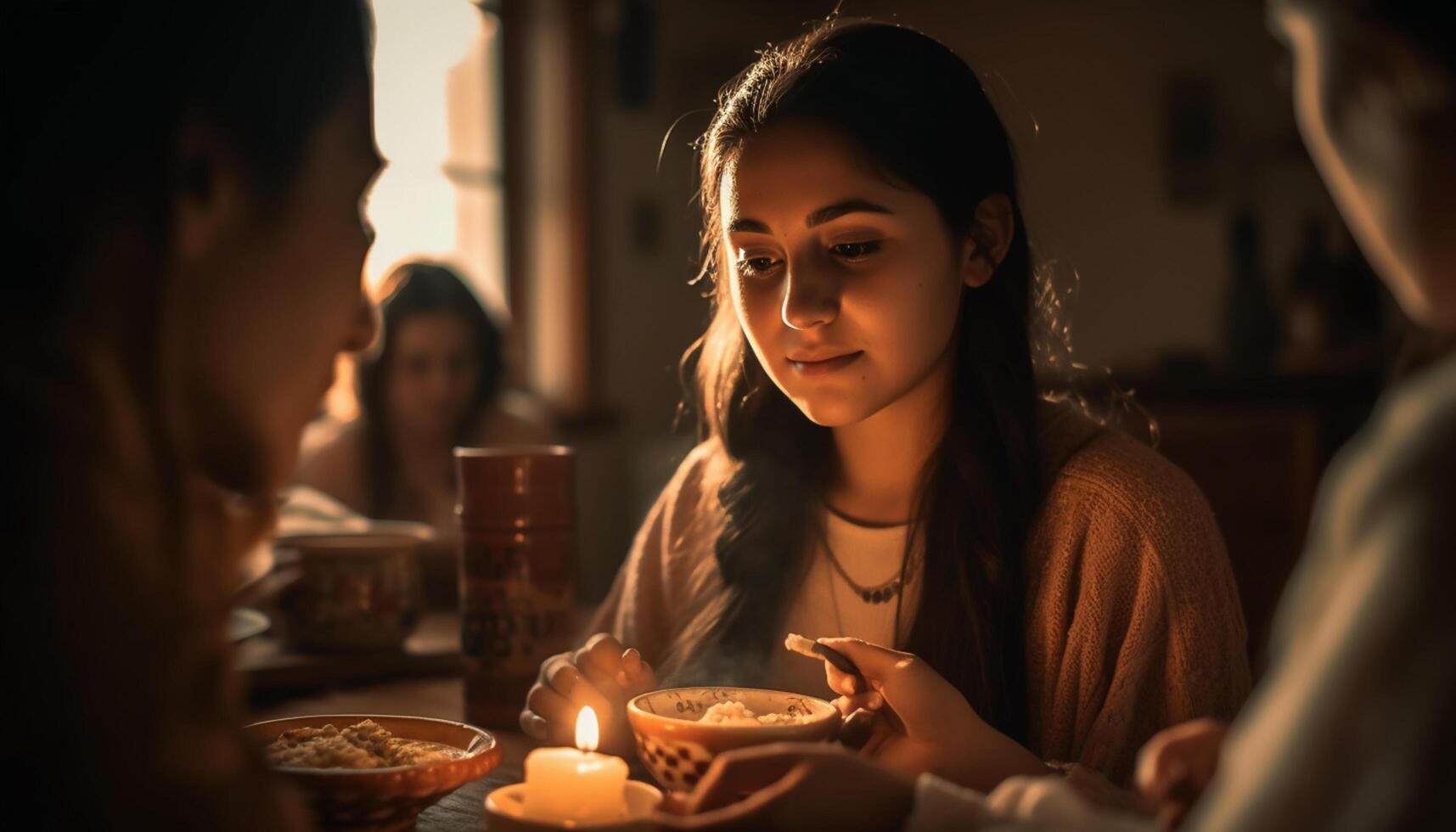 AI generated Young women sitting indoors, smiling, enjoying candlelight, friendship, and togetherness generated by AI photo