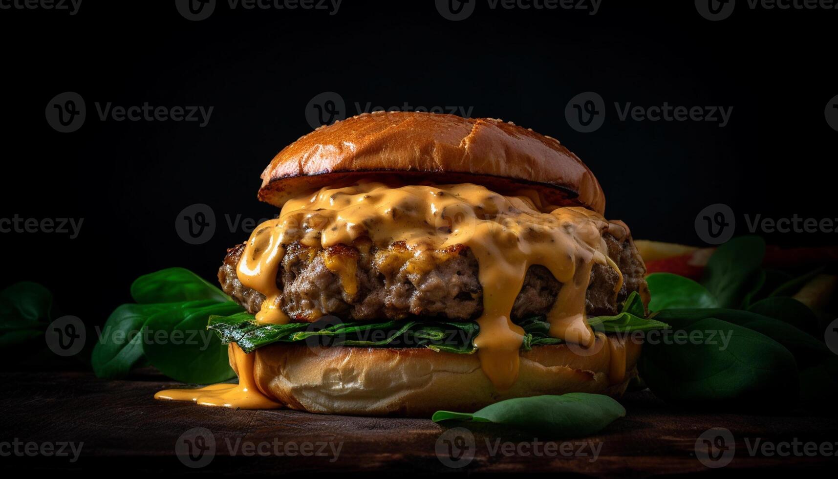 AI generated Grilled gourmet cheeseburger on a bun with fresh vegetables and cheddar generated by AI photo