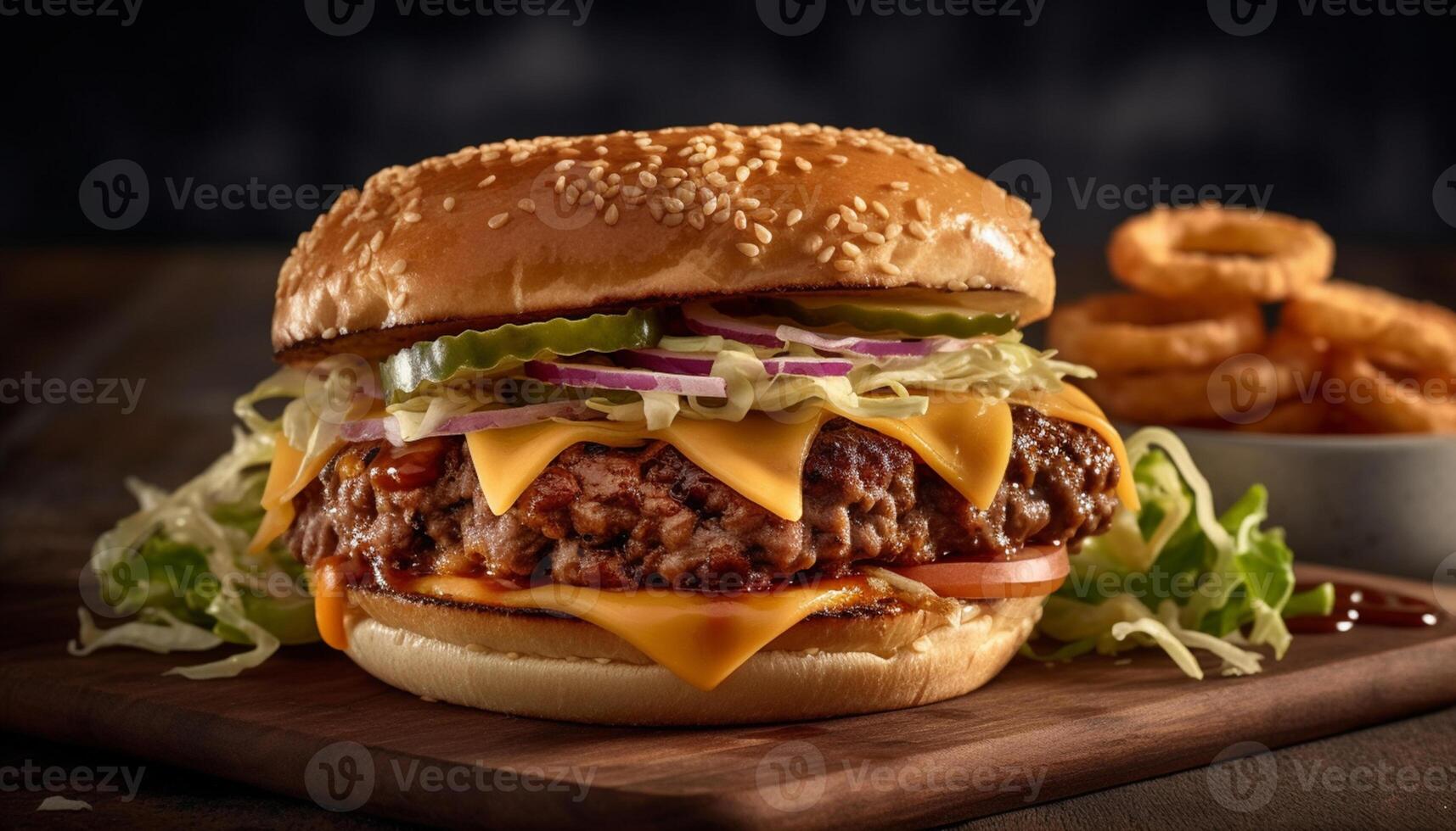 AI generated Grilled beef burger with tomato, onion, and melted cheddar cheese generated by AI photo