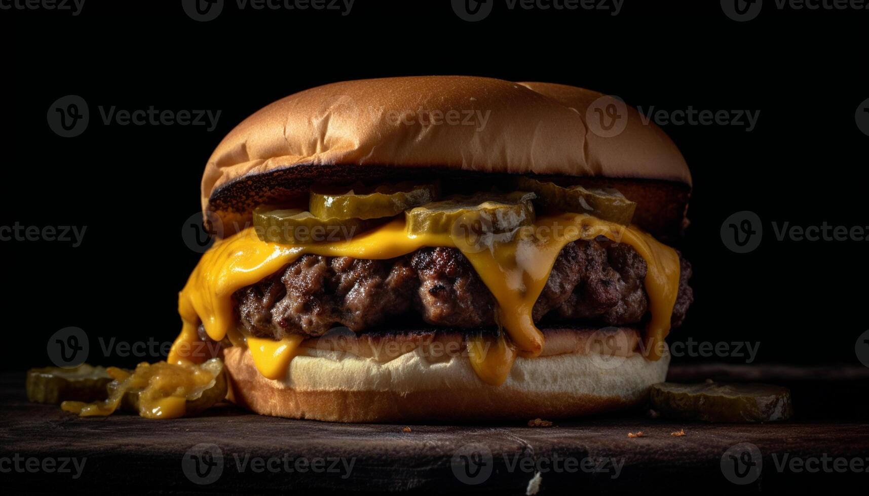 AI generated Grilled cheeseburger on a bun with melted cheddar and salad generated by AI photo