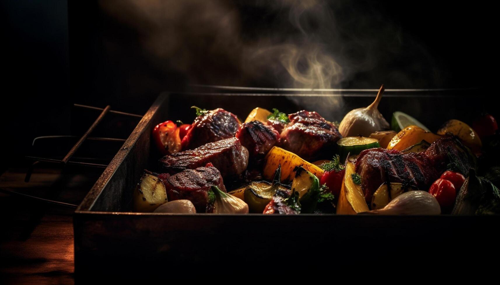 AI generated Grilled meat and vegetables on a rustic oven generated by AI photo
